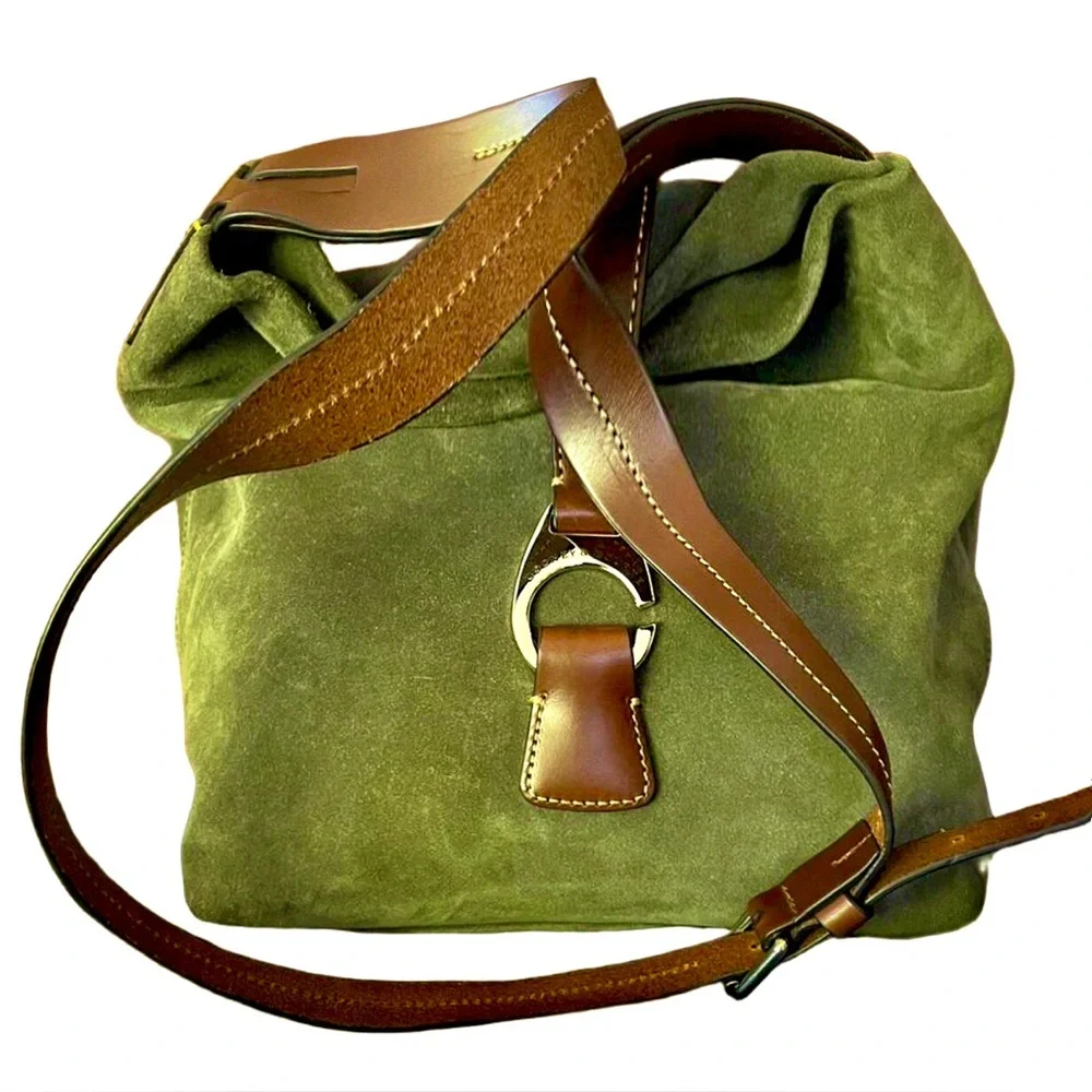 DOONEY BOURKE Olive Green Suede Hobo Bag Adjustable Brown Leather Shoulder Strap